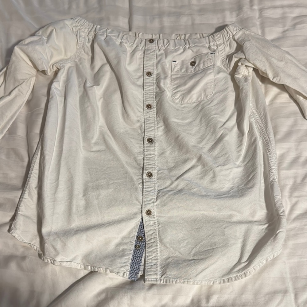 Kate McHale Jensen White Off-Shoulder Button-Up Blouse